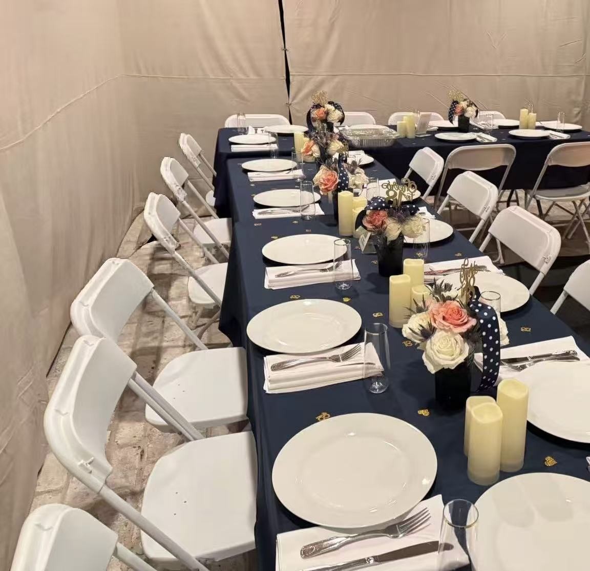 Elegant navy table setting for a hibachi celebration